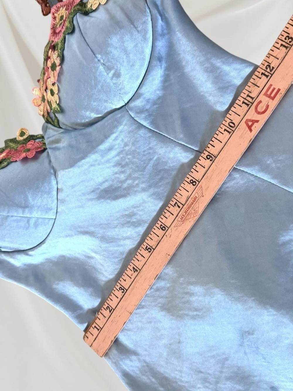 Floral Trim Satin Slip Dress in Light Blue - Picture 8 of 10